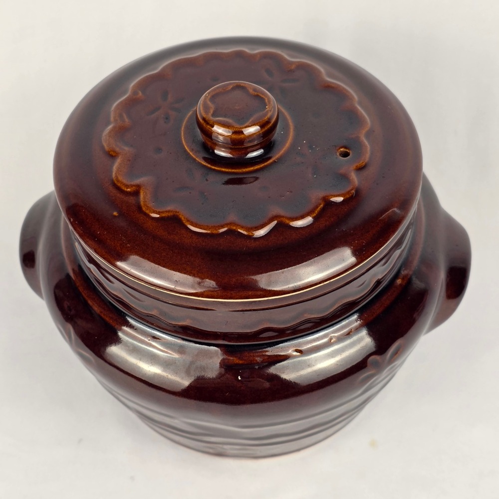 MAR‎ CREST Vtg Crock Pot Oven Proof Stoneware with Lid Brown 2 Handles Bean Pot - Picture 13 of 16